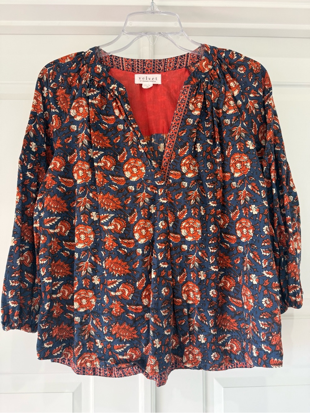 Velvet by Graham & Spencer Navy and Rust Floral V-Neck Blouse
